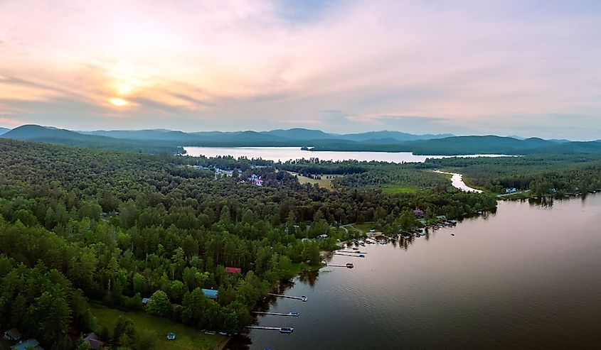 Aerial view of Speculator, New York, with Lake Pleasant in the foreground.