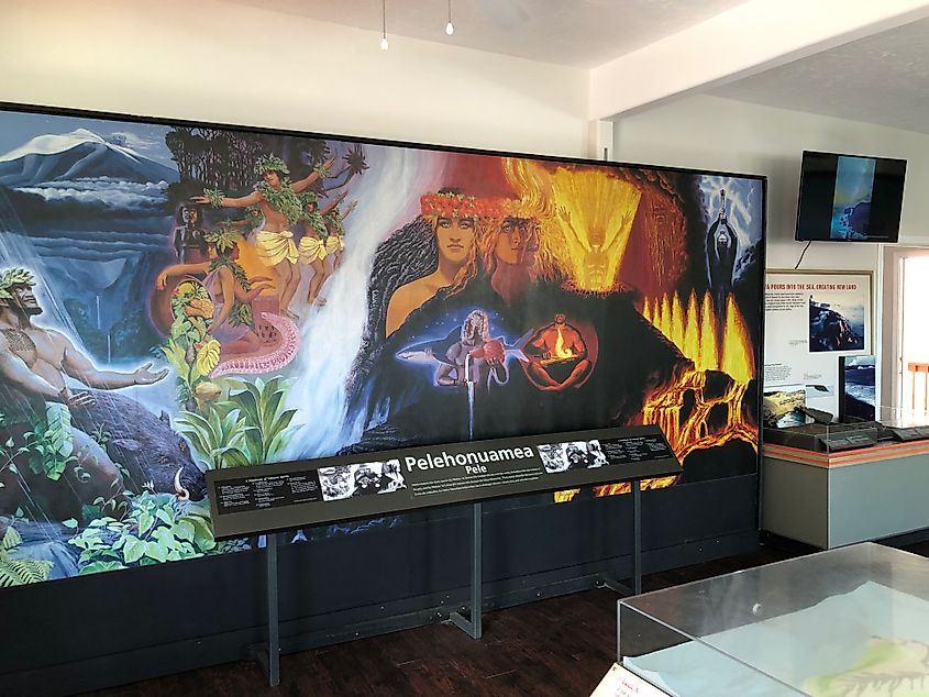 The pantheon of Hawaiian deities by artist Herb Kawainui Kane was formerly displayed in Jaggar Museum and is now on loan to the Pāhoa Lava Zone Museum