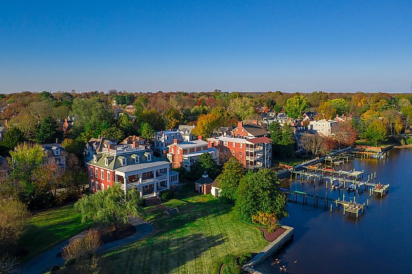 Aerial view of historic chestertown near annapolis situated on the chesapeake bay during an early november afternoon