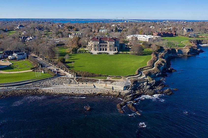 The Breakers and Cliff Walk aerial view at Newport, Rhode Island RI, USA. The Breakers is a Vanderbilt mansion with Italian Renaissance built in 1895 in Bellevue Avenue Historic District in Newport