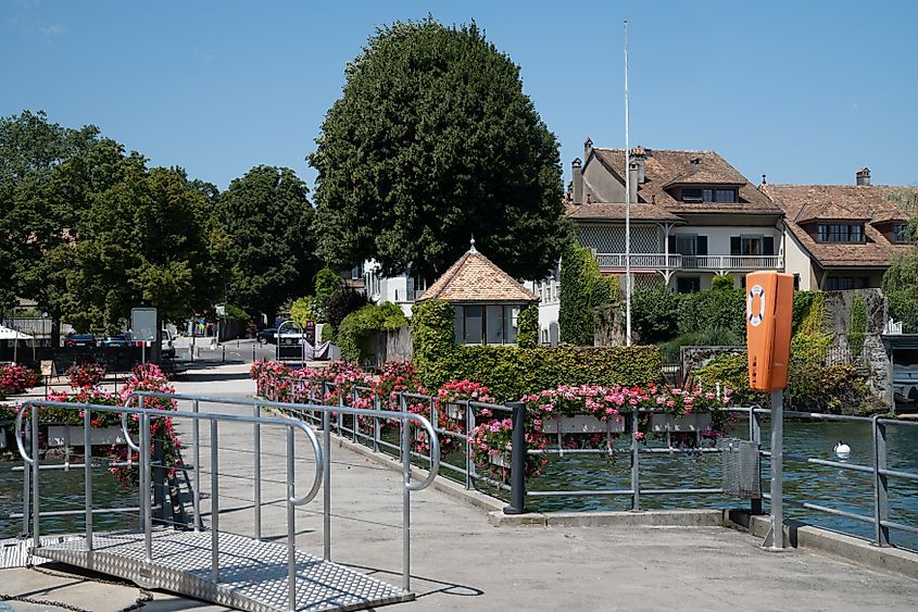 Dock and pier to catch boats and ferries on Lake Geneva in Coppet, Switzerland