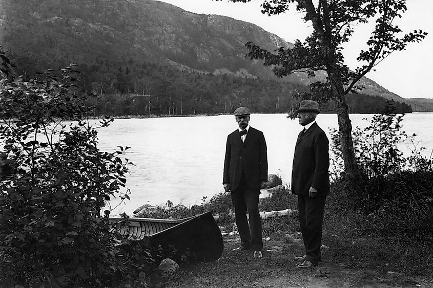 George B. Dorr and Charles W. Eliot on the shore of Jordan Pond.