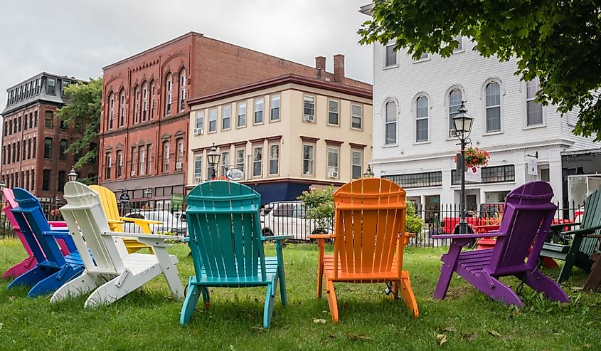 Street scene in downtown of this small town with its quaint streets with 19th century brick buildings and trendy shops and restaurants, Newburyport, Massachusetts