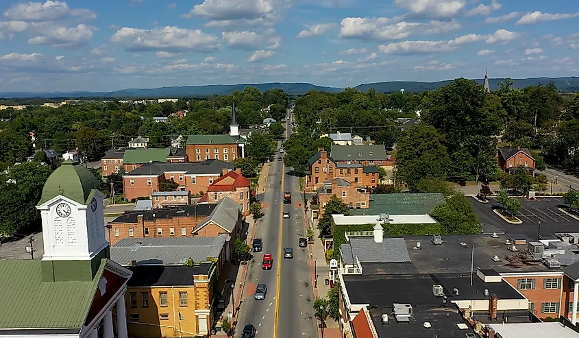 Low aerial view of main street USA, Charles Town, West Virginia, West Virginia on a beautiful sunny day.