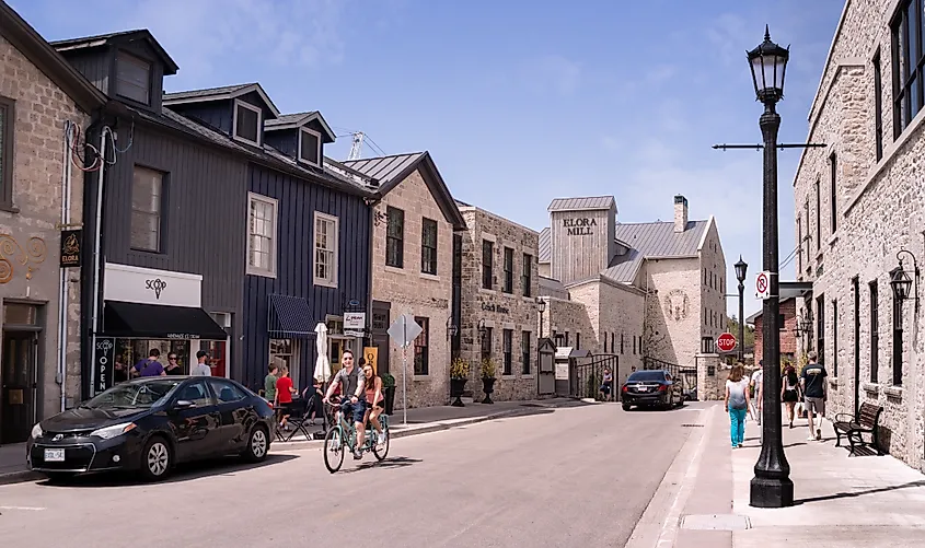 A downtown street in Elora, Ontario