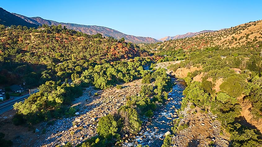 Aerial view of Three Rivers, California.