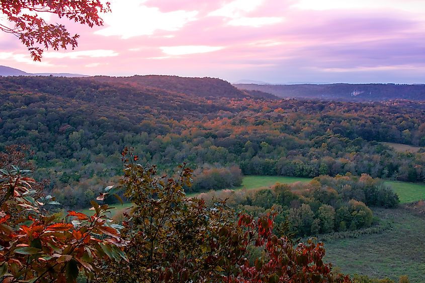 A beautiful autumn sunset over the Buffalo River Valley near Gilbert, Arkansas.