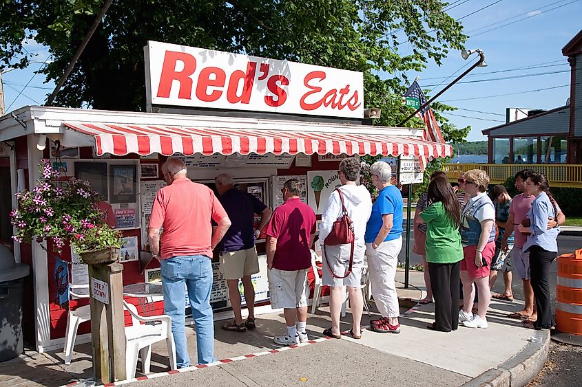 People lineup for lunch at World famous "Reds Eats"" on Wiscasset, Maine.