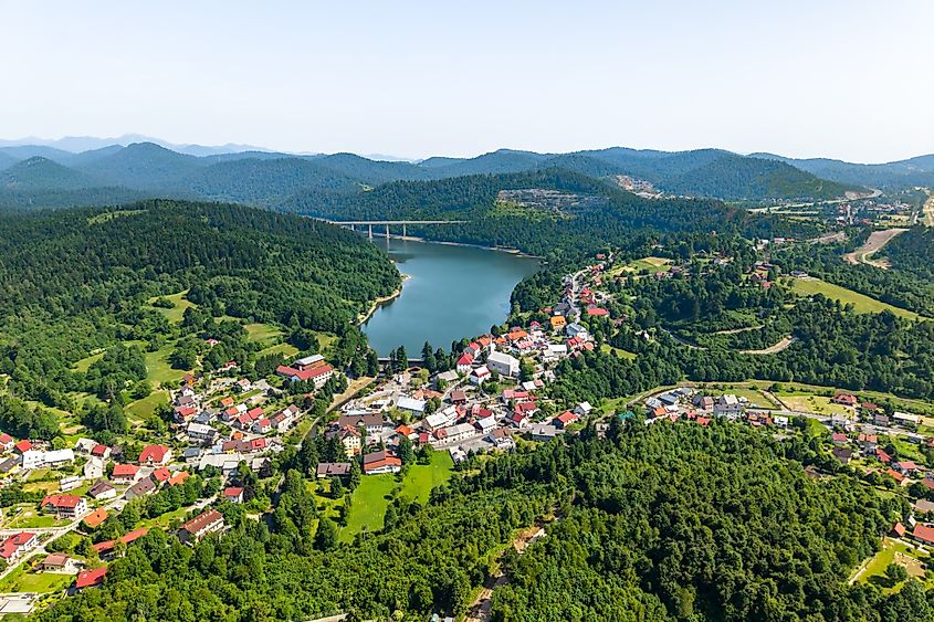 Stunning panoramic aerial view of the town of Fužine, Croatia.