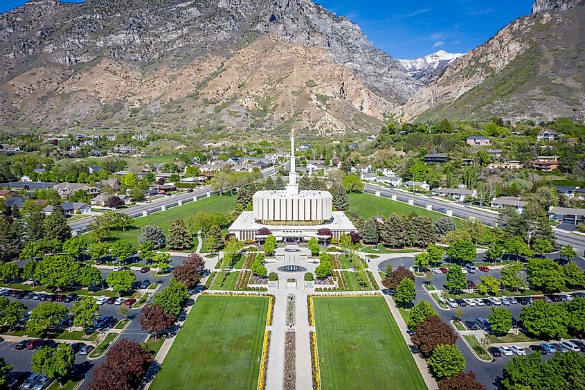 Aerial photo of Mormon Provo Temple of the Church of Jesus Christ of Latter-day Saints in Provo, Utah