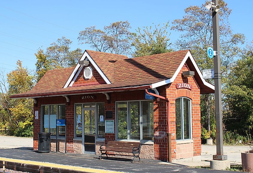 Zion, Illinois, USA, October 13, 2024, Zion Metra train station on a sunny autumn day