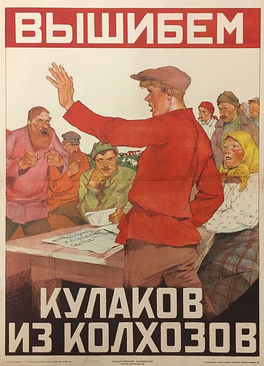 Soviet propaganda poster proclaiming: "We will keep out Kulaks from the collectives!"