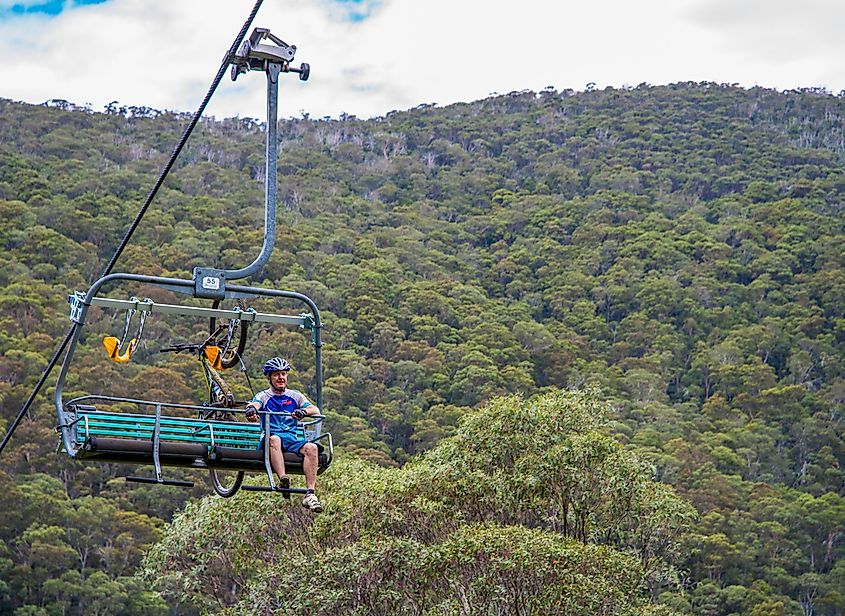 Ski lift with riders in Thredbo Ski Resort in Mt. Kosciuszko national park.