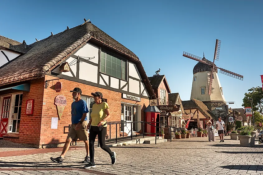 Danish-style half-timbered buildings in downtown Solvang, California
