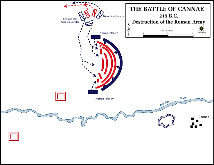 Second Punic War, The Battle of Cannae; destruction of the Roman army (red color) by Hannibal's forces (blue).