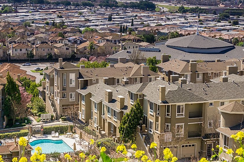 Aerial view of residential neighborhood, San Jose, California