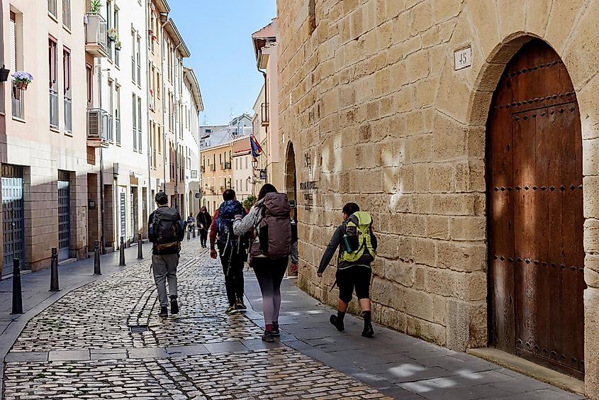 Camino pilgrims descend to Logrono, La Rioja, Spain