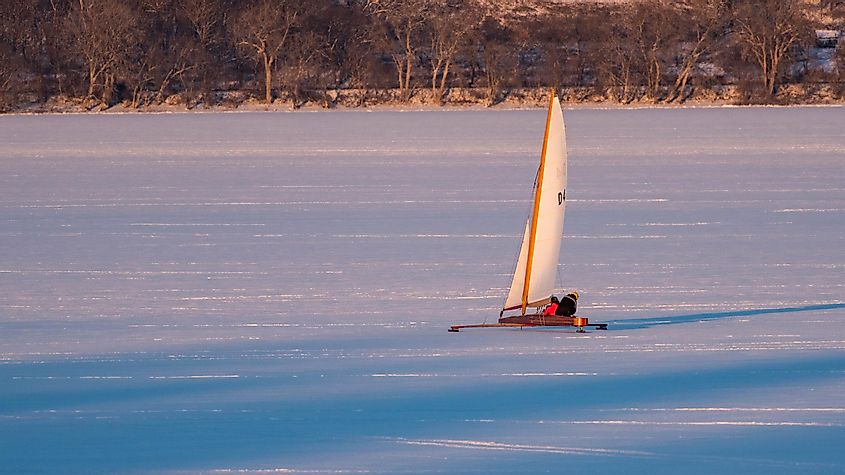 Ice Boat Sailing on Lake Pepin Between Minnesota and Wisconsin