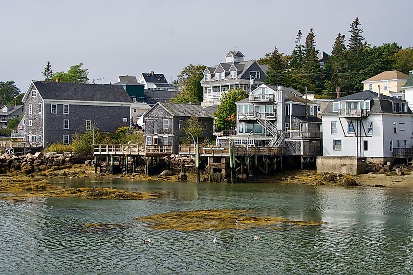 Waterfront buildings along the coast in Castine, Maine.