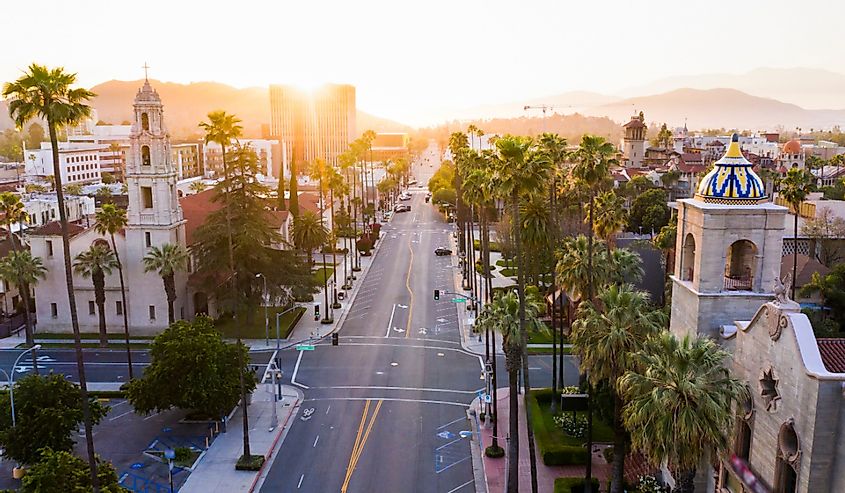 Sunset aerial view of historic downtown Riverside, California