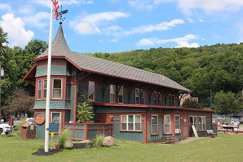 The historical B&H Railroad Depot in Hammondsport, New York.