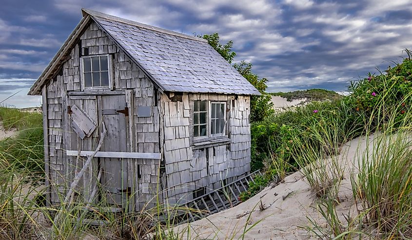 Dune shack on warm summer day at end of Dune Shack Trail in Provincetown, Massachusetts.