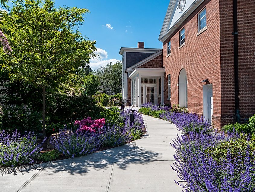 Spring flowers blooming along a walkway in Stockbridge, Massachusetts.