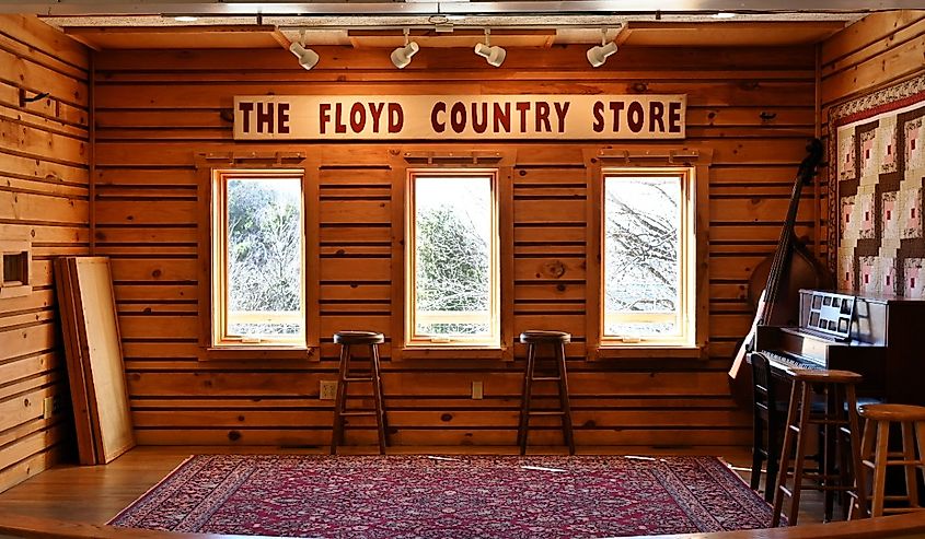 The musical performance stage in the Floyd Country Store, Virginia.
