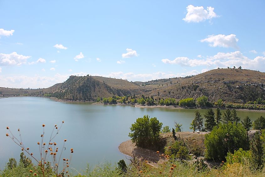 A rocky overlook above the reservoir at Guernsey State Park in Wyoming