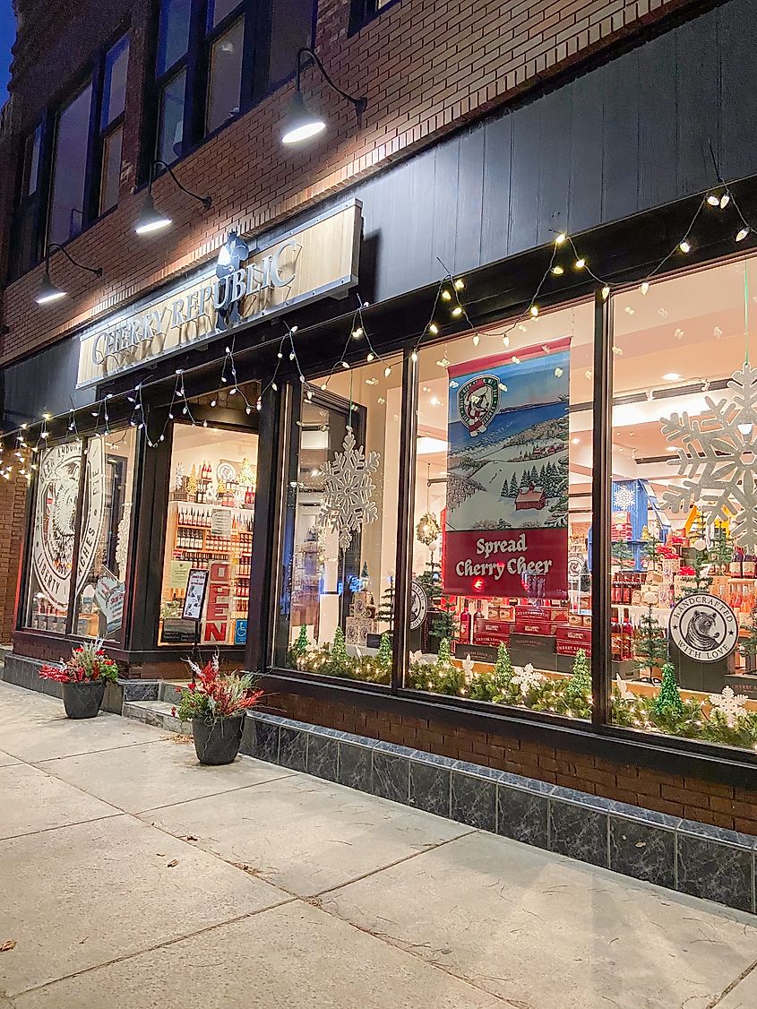 Cherry Republic store front decorated for the holidays in Charlevoix, michigan. 