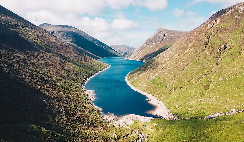 Aerial view of Silent Valley reservoir in Mourne Mountains photographed at early morning. Mourne, are a granite mountain range in County Down in the south-east of Northern Ireland.