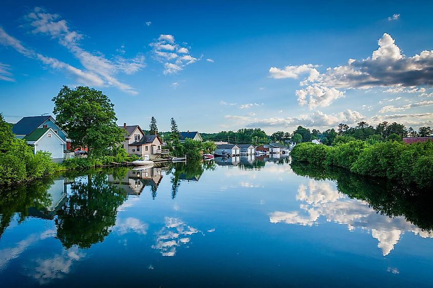 Waterfront homes along the Winnipesaukee River in Laconia, New Hampshire.