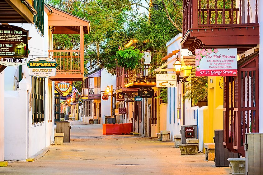 Shops and inns line St. George in St. Augustine, Florida, via Sean Pavone / Shutterstock.com