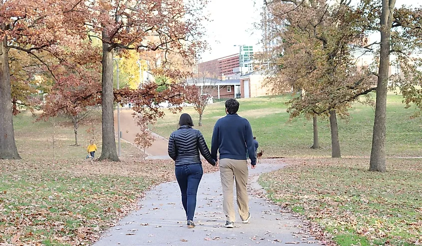 Couple walking in Clayton, Missouri.