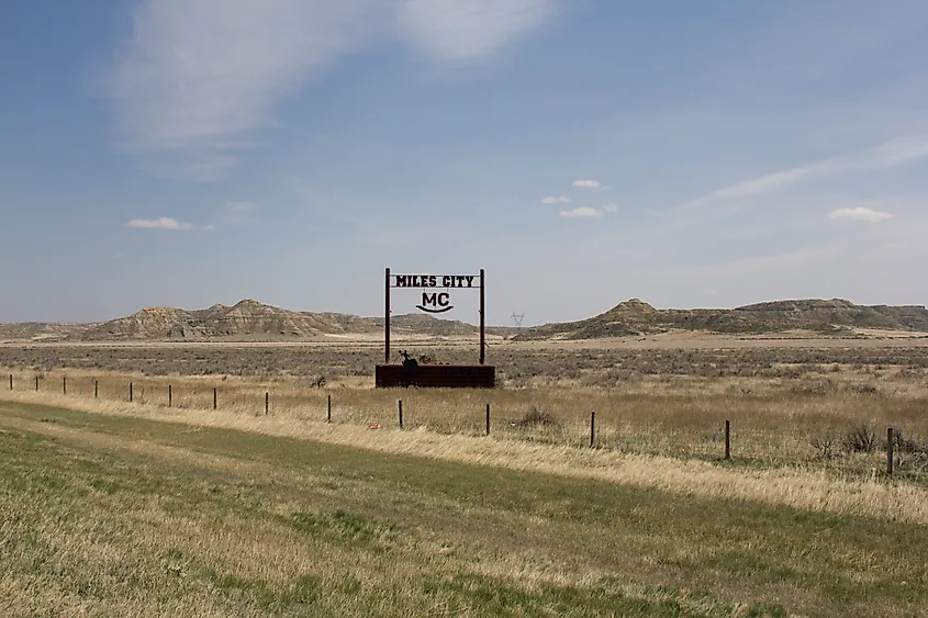 Miles City Sign along highway I-94 in Custer County, Montana, United States.