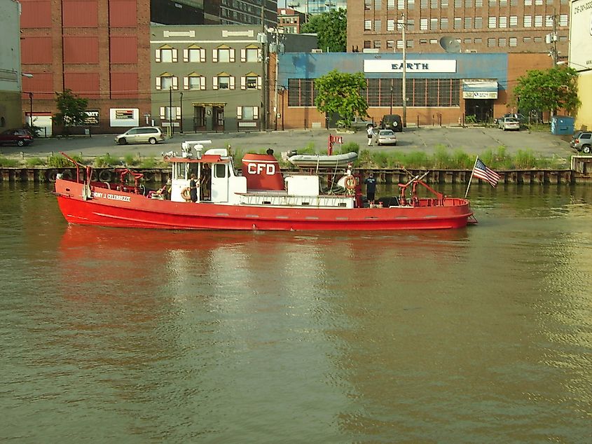 Cleveland Ohio Fire Boat, "Anthony J. Celebrezze" sailing down the Cuyahoga River.