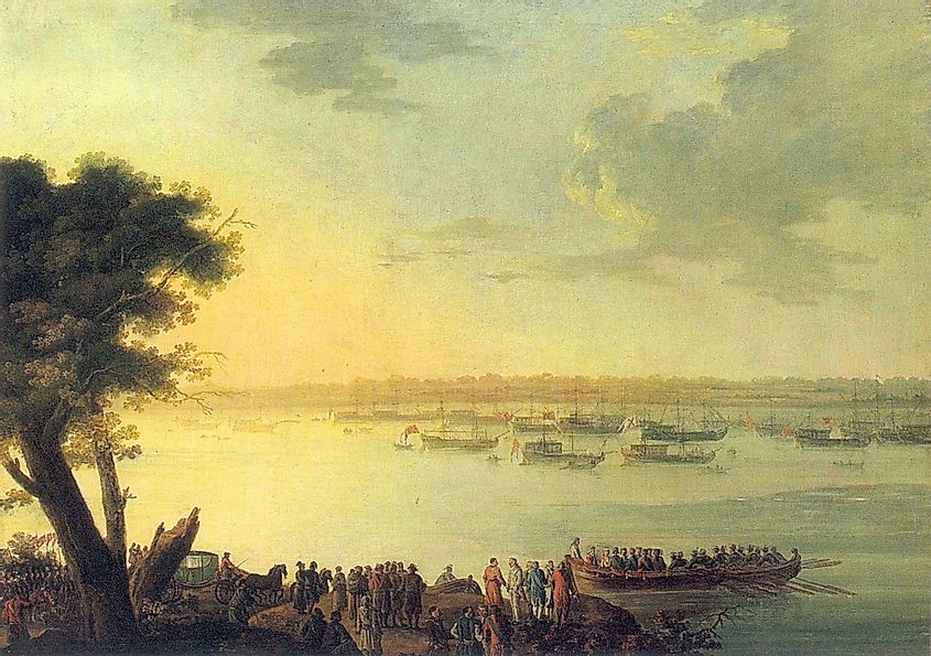 Catherine II leaving Kaniów on a vessel in the Dnieper River in 1787.