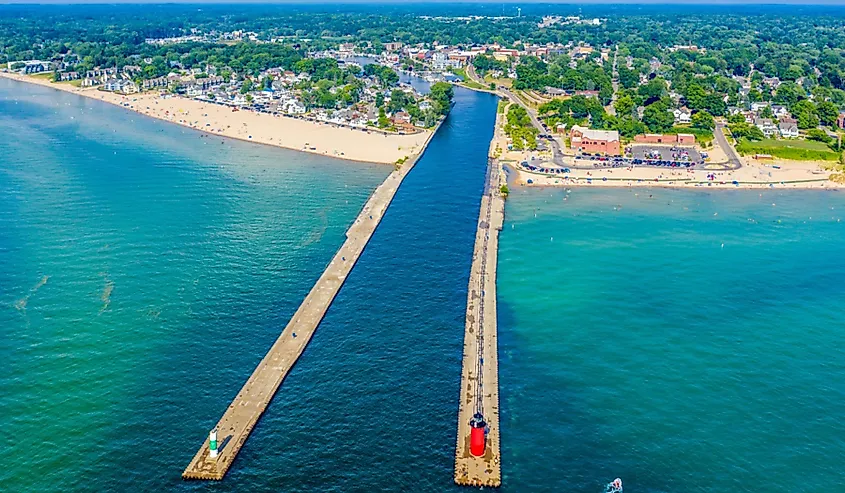 Aerial view of the South Haven Lighthouse on Lake Michigan.