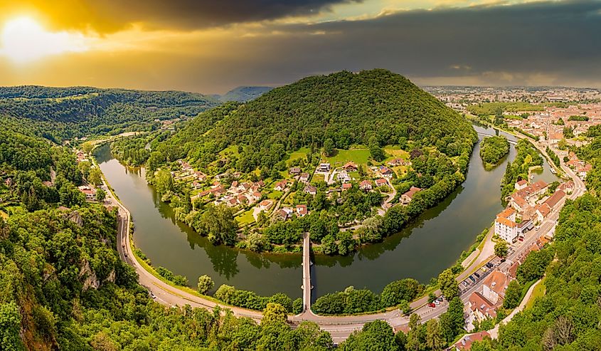 Panoramic view of the Doubs river from the citadel of Besancon in the Bourgogne Franche-Comte region of France.