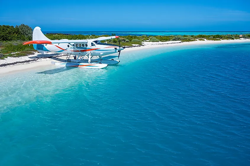 A seaplane by the beach in the Dry Tortugas National Park in Florida