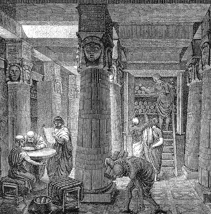 A drawing of the Library of Alexandria.