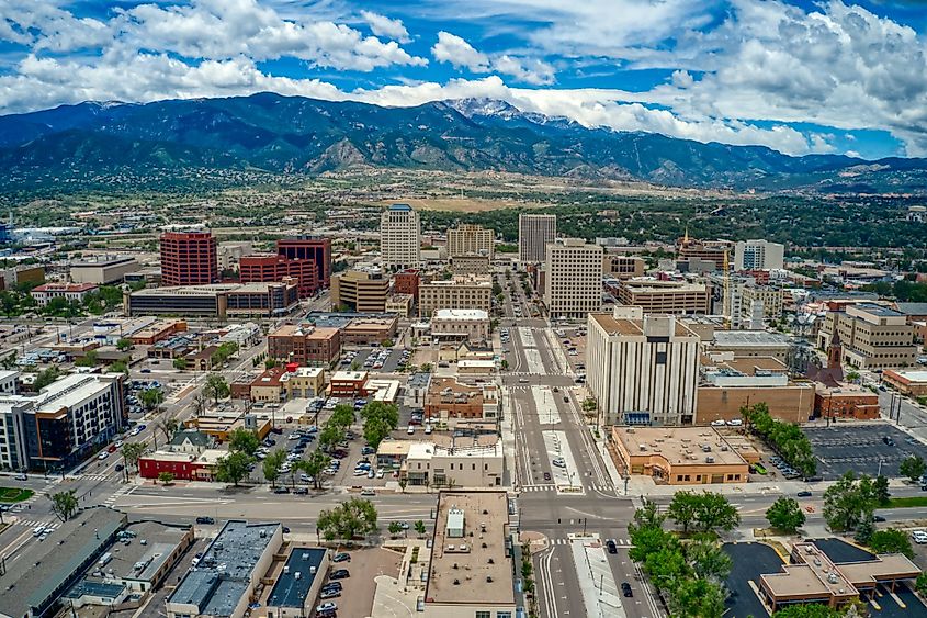 Downtown Colorado Springs with the Rocky Mountains and Pike's Peak