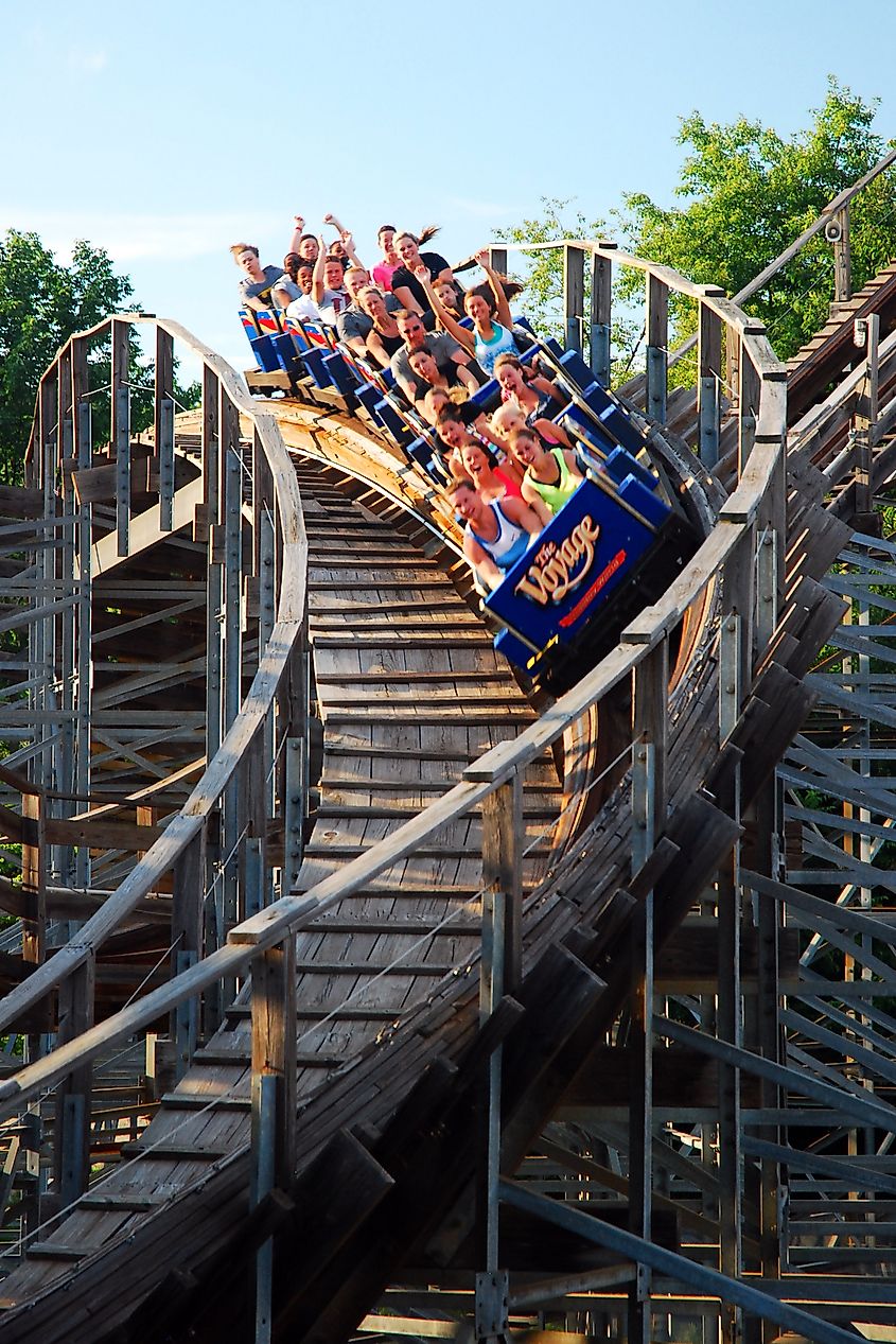 The Voyage wooden roller coaster at Holiday World in Santa Claus, Indiana. Editorial credit: James Kirkikis / Shutterstock.com