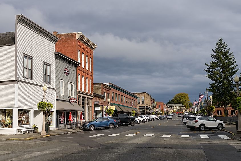 Cityscape view along 1st Avenue in downtown Snohomish Washington.