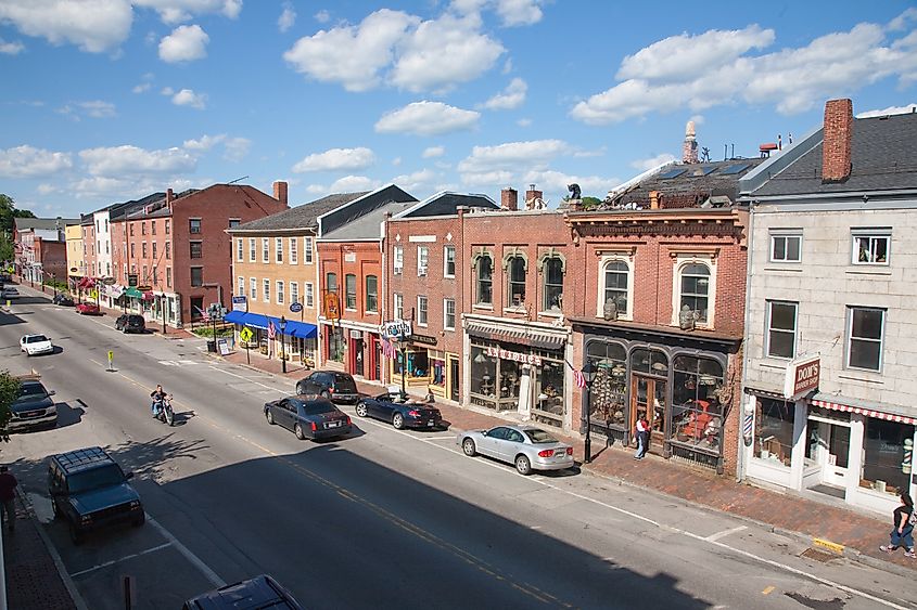 Storefronts in Water Street in Hallowell, Maine