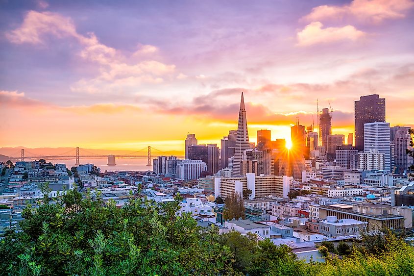 Beautiful view of business center in downtown San Francisco in USA at dusk.