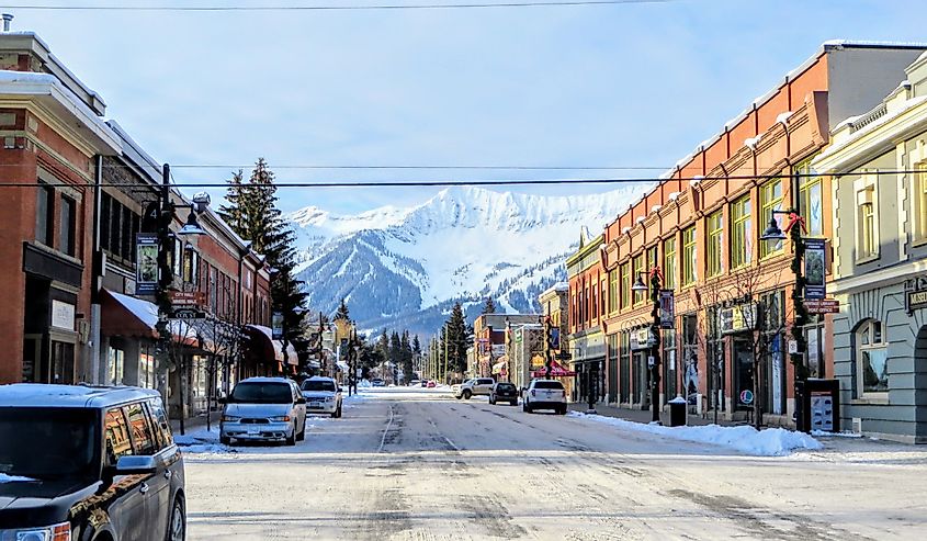 A view down the streets of downtown Fernie, British Columbia, Canada on a sunny morning during the winter. A popular ski town in the Rockies.