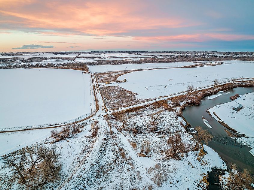 Dusk over South Platte River and farmland on Colorado plains near Milliken.