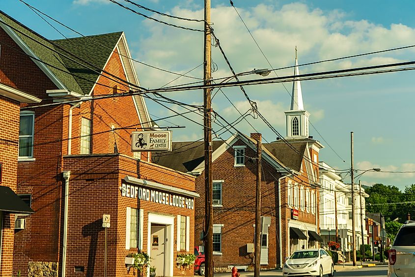 Wooden and brick buildings and houses in Bedford, Pennsylvania.