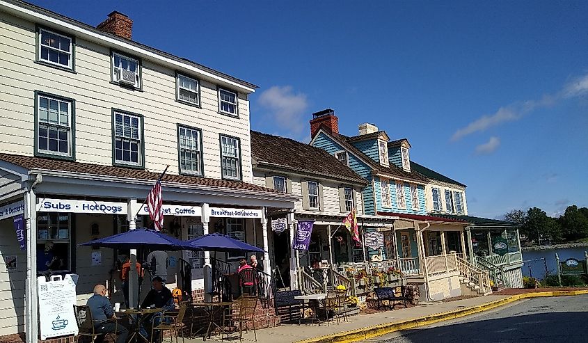 Shops and cafes on the water in Chesapeake City, Maryland.